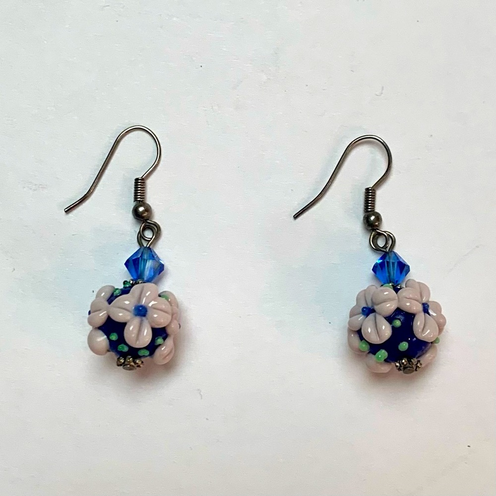 Blue and blush raised flower glass Lampwork drop earrings crystal accents
